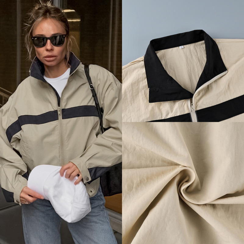 Vintage Windbreaker Nylon - Женская ветровка с цветовыми блоками, воротником-стойкой,